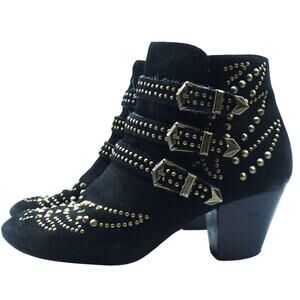 Ash Joyce Black Suede Gold Studded Triple Buckle Heel Ankle Booties Boots 38 7.5